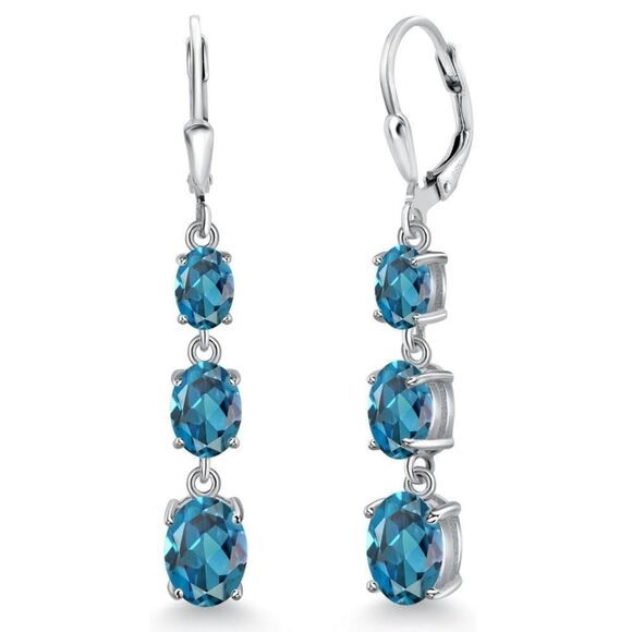 925 Sterling Silver with 6.20 Cttw 3 Stone London Blue Topaz Leverback Earrings